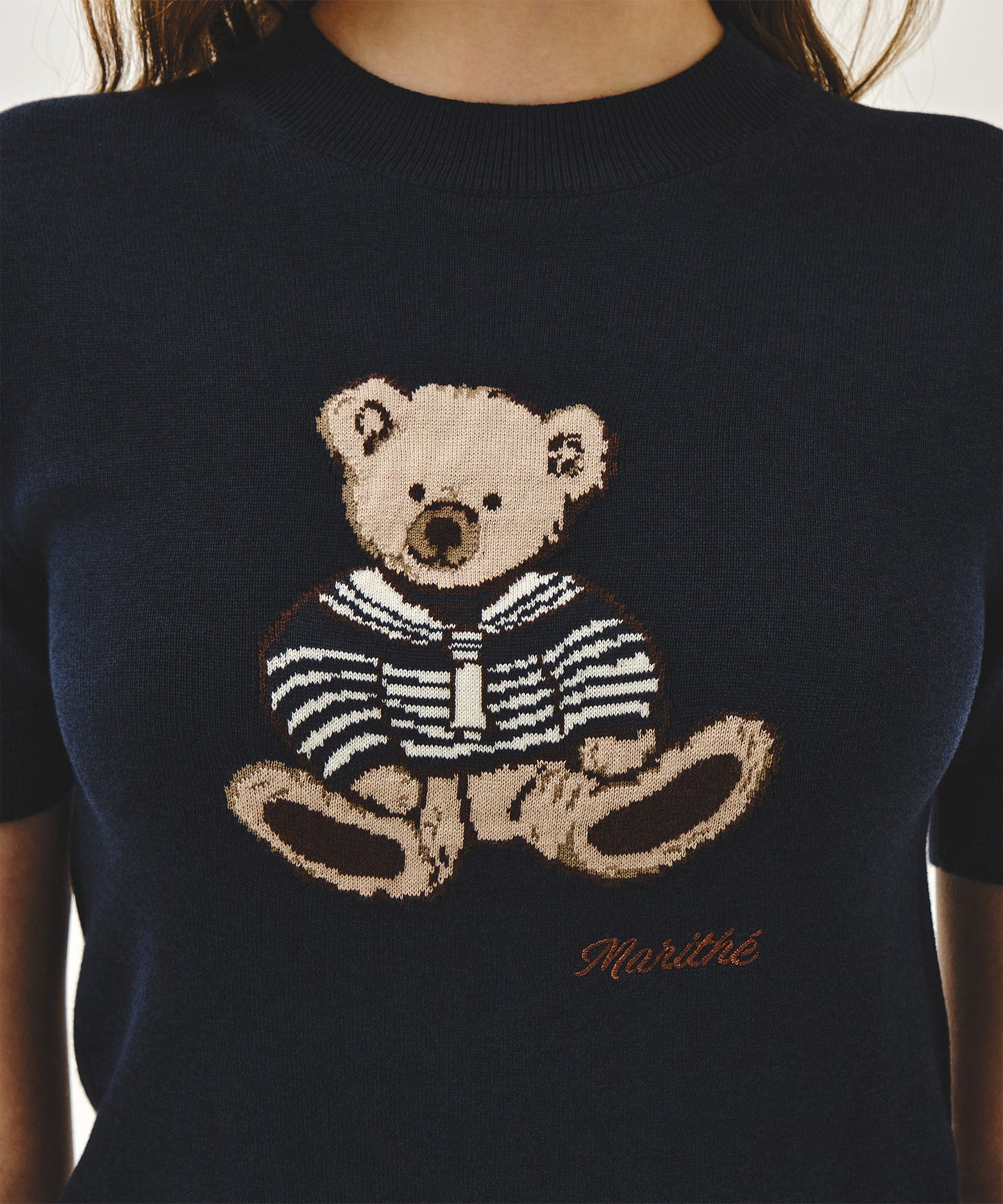 W DOODLE BEAR HALF KNIT PULLOVER navy