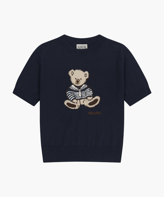 W DOODLE BEAR HALF KNIT PULLOVER navy