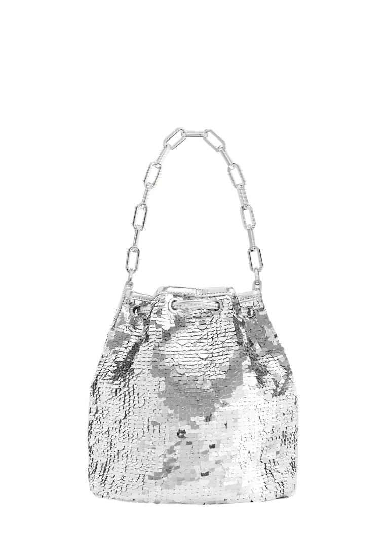 Yulia Metallic Sequin Bucket Bag - Silver