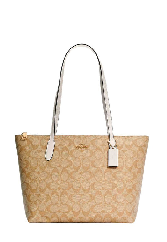 Zip Top Tote In Signature Canvas Light Khaki Chalk