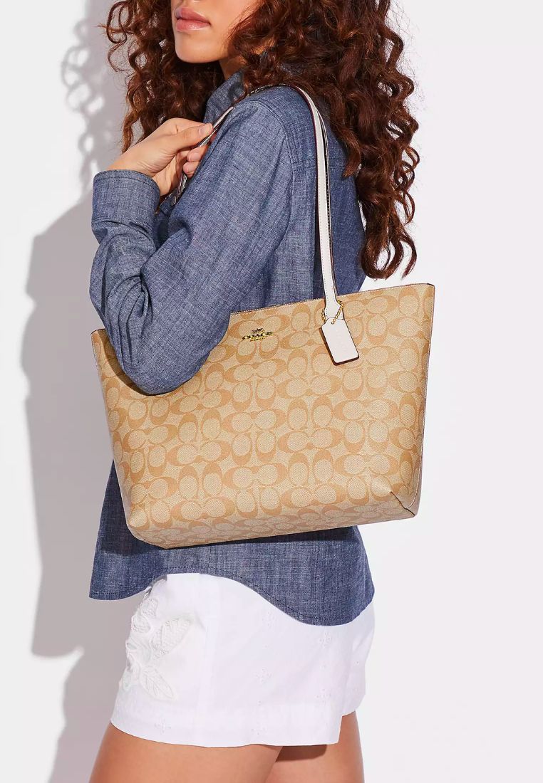 Zip Top Tote In Signature Canvas Light Khaki Chalk