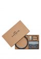 Boxed Card Case And Belt Gift Set In Colorblock Signature Canvas Charcoal Powder Blue